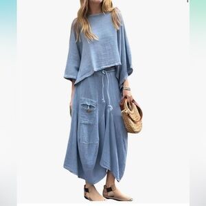 NWT Akivide Cotton Gauze Skirt 2 Piece Sets Outfits Batwing Sleeve Elastic Waist